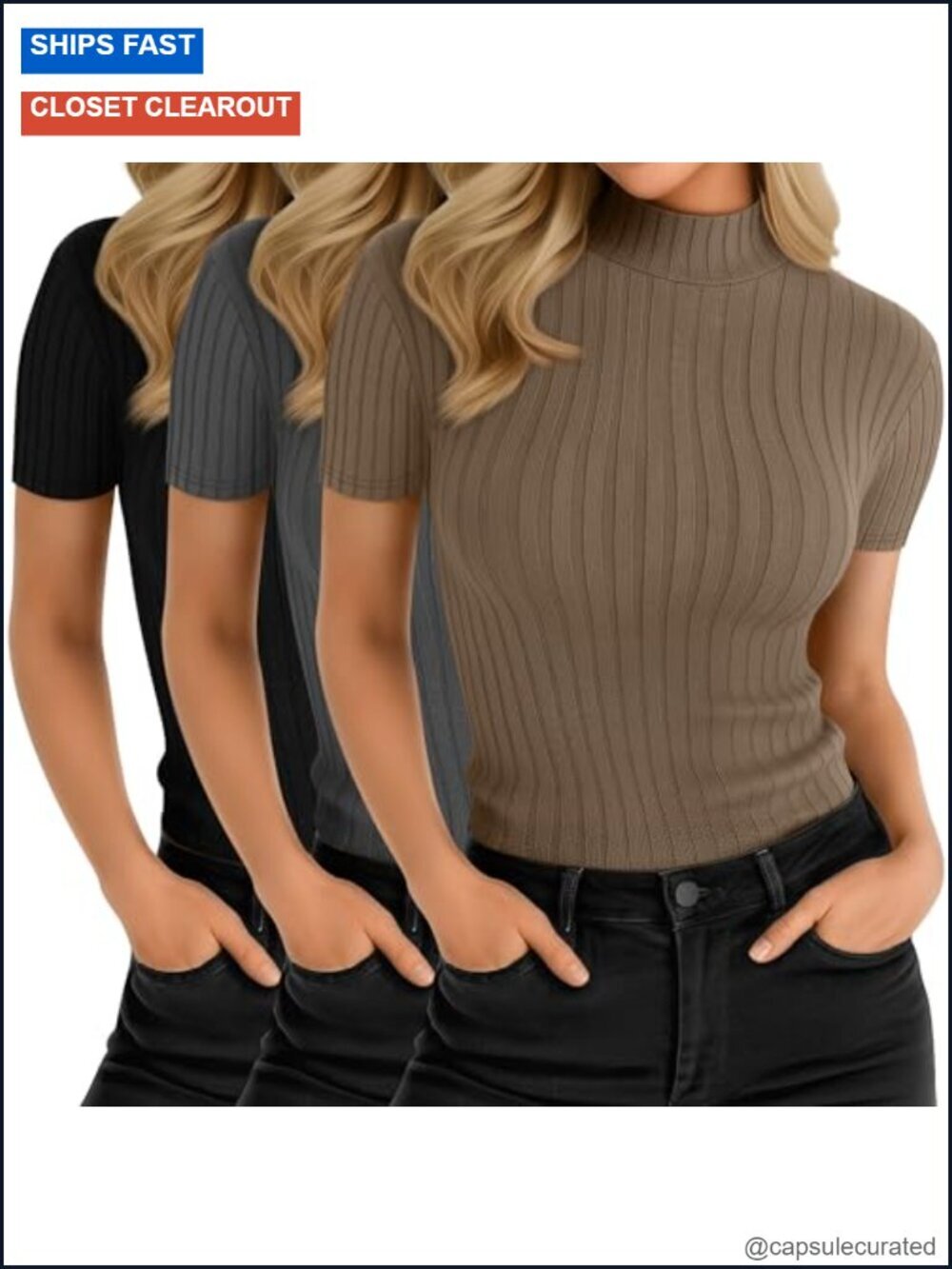 3 Pack Women Mock Neck Short Sleeve Tops Ribbed Cotton Blend Slim Fit Layering